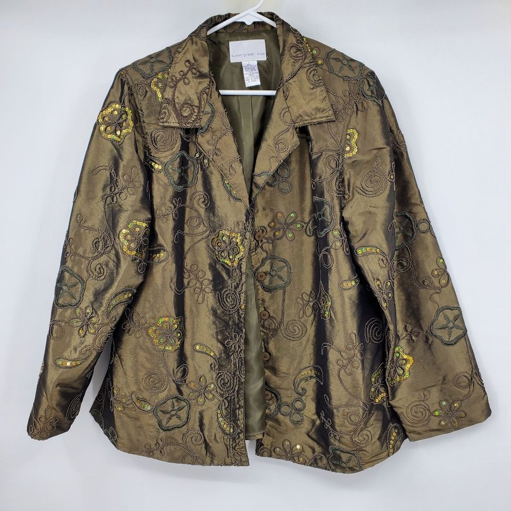 Susan Graver Style Green Floral Print Sequin Blazer Light Suit Coat Large